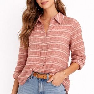 Jones New York Womens Linen Blend Striped Button Down Top Preppy Coastal Boho L